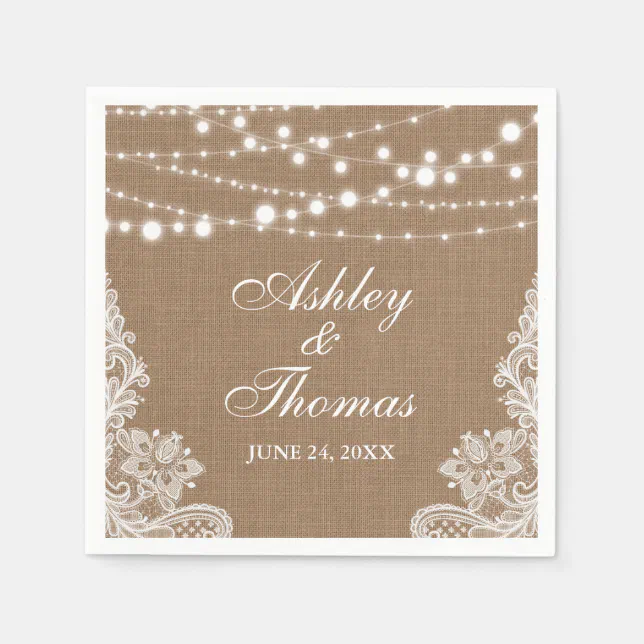 Rustic Wedding Burlap String Lights Lace Paper Napkins | Zazzle