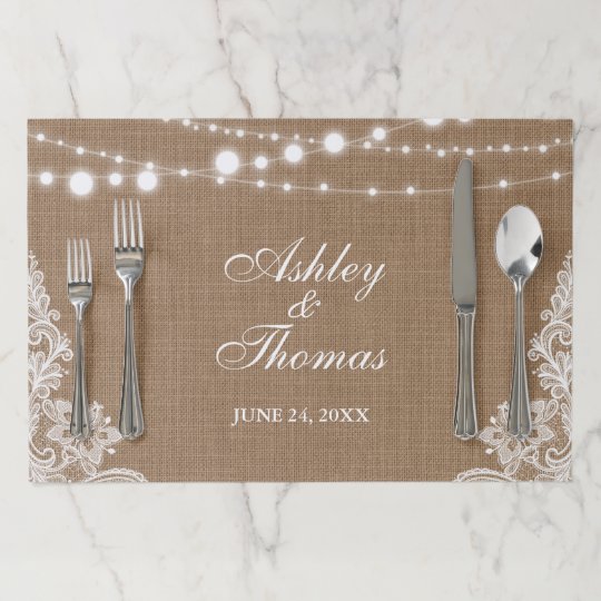 Rustic Wedding Burlap String Lights Lace Paper Placemat