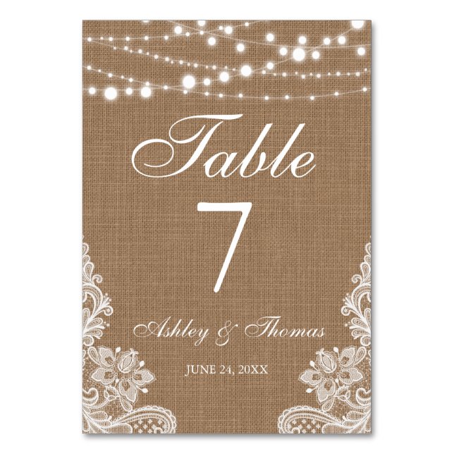 Rustic Wedding Burlap String Lights Lace Table Table Number (Front)