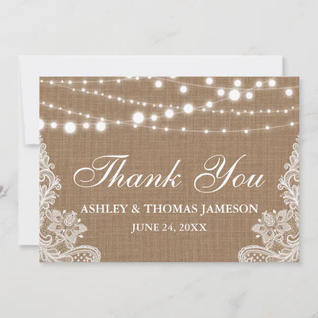 Rustic Wedding Burlap String Lights Lace Thank You | Zazzle