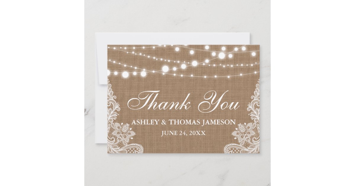 Rustic Wedding Burlap String Lights Lace Thank You Card | Zazzle
