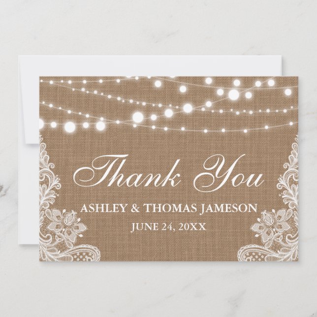 Rustic Wedding Burlap String Lights Lace Thank You Card (Front)