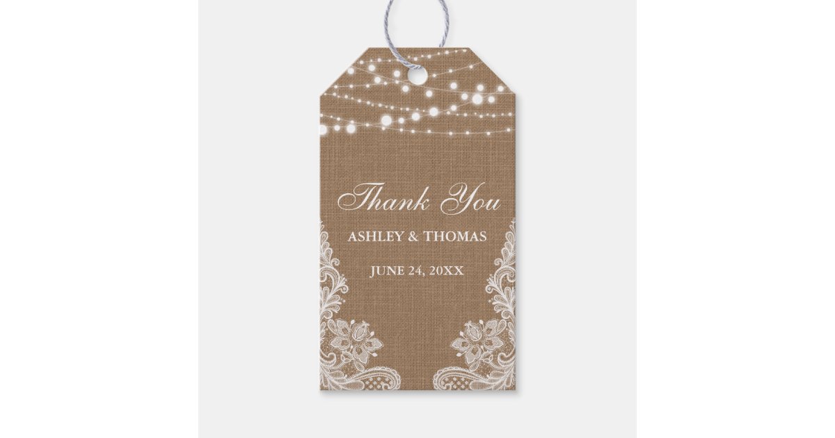 Rustic Wedding Burlap String Lights Lace Thank You Gift Tags | Zazzle