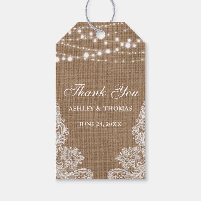 Rustic Wedding Burlap String Lights Lace Thank You Gift Tags | Zazzle