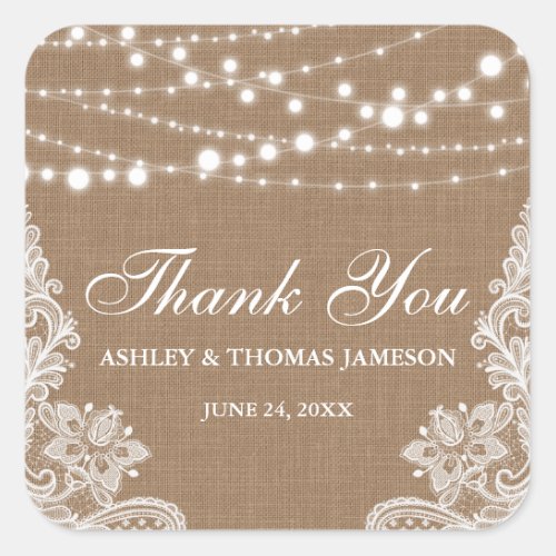 Rustic Wedding Burlap String Lights Lace Thank You Square Sticker