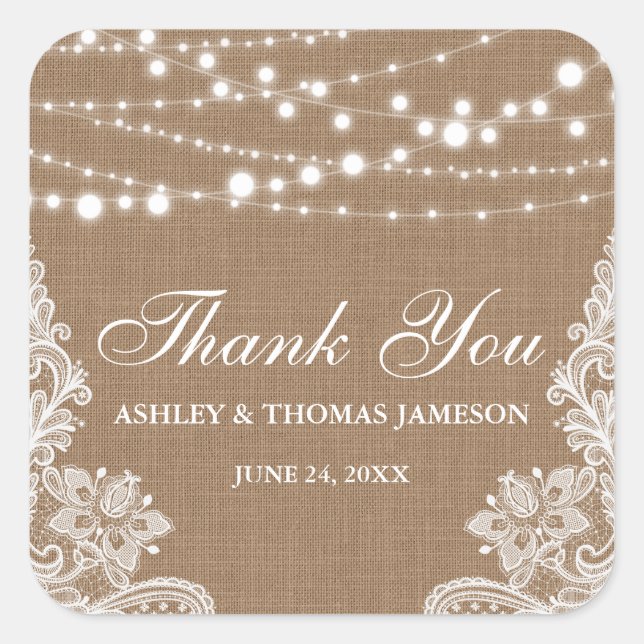 Rustic Wedding Burlap String Lights Lace Thank You Square Sticker (Front)