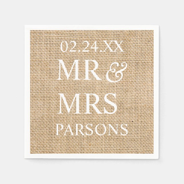 Rustic Wedding Burlap Trendy Wedding Name Date Paper Napkins (Front)