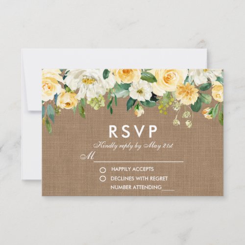 Rustic Wedding Burlap Yellow White Floral RSVP Card