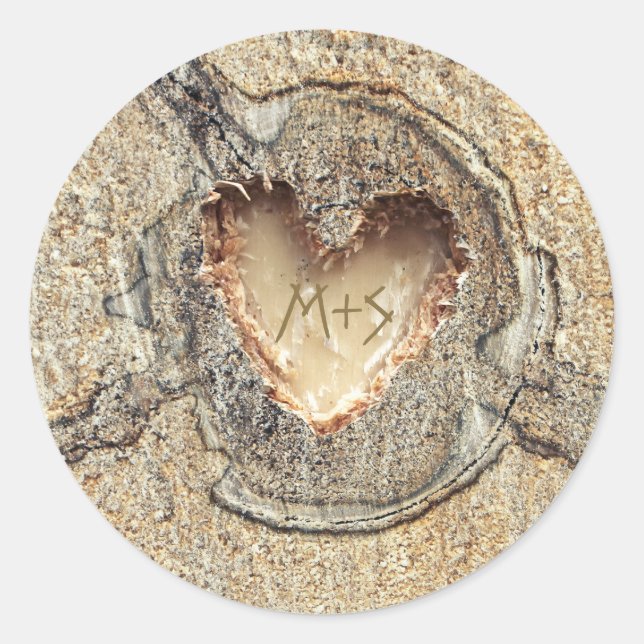 Rustic Wedding Carved Wood Heart Classic Round Sticker (Front)