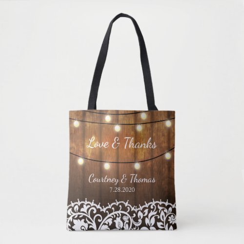 Rustic Wedding Country Barn Lace String Lights Tote Bag