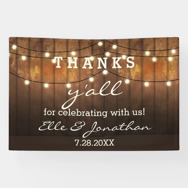 Rustic Wedding Country String Lights Thanks Y'all Banner (Horizontal)