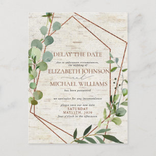Rustic Wedding Date Postponement Eucalyptus Birch Announcement Postcard
