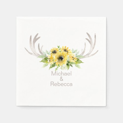 Rustic Wedding Deer Antlers Sunflowers Monogram Napkins