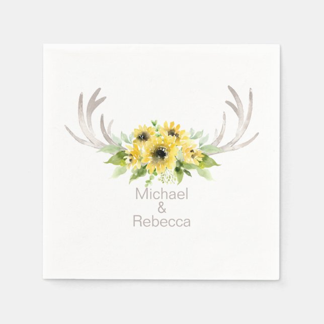 Rustic Wedding Deer Antlers Sunflowers Monogram Napkins (Front)