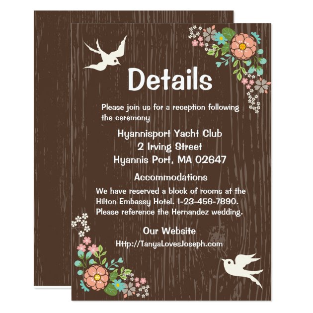 Rustic Wedding Details Brown Wood Floral Doves Card