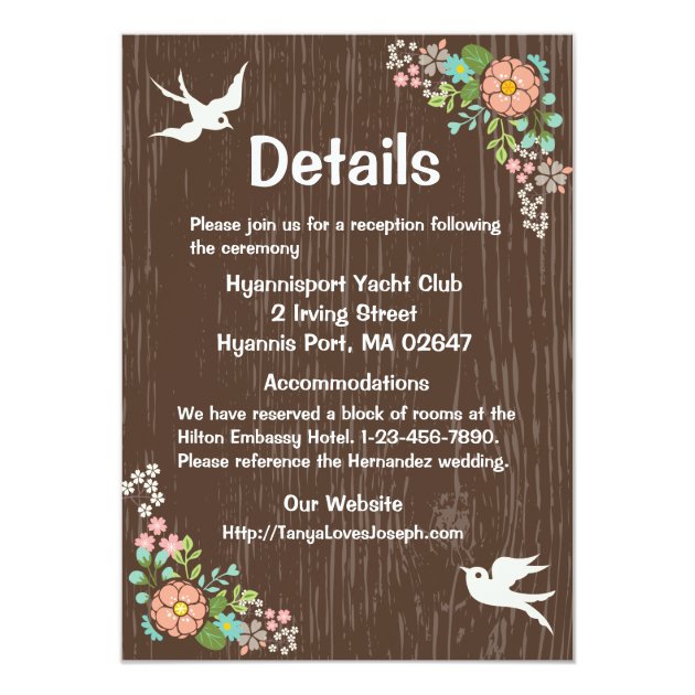 Rustic Wedding Details Brown Wood Floral Doves Card