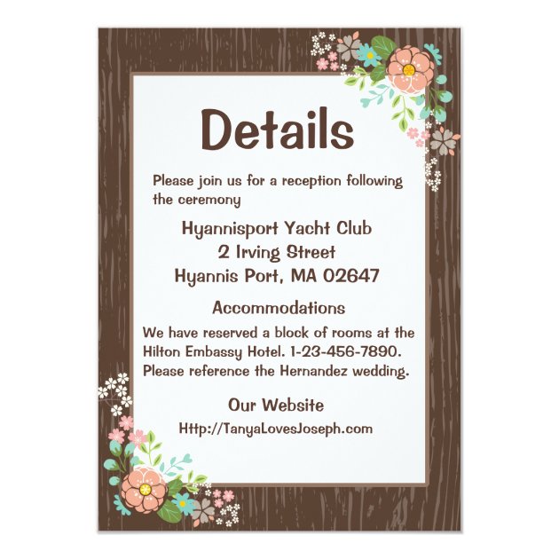 Rustic Wedding Details Brown Wood Pink Floral Card
