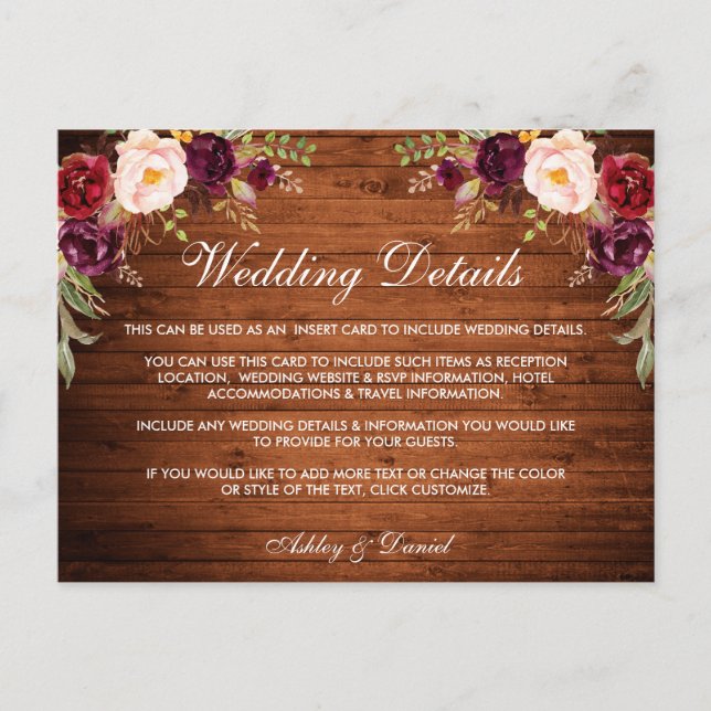 Rustic Wedding Details Wood Burgundy Floral Card (Front)