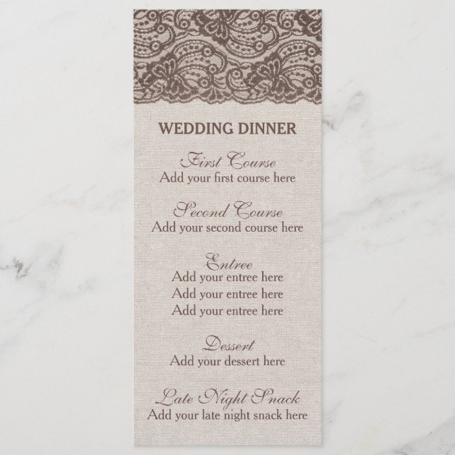 Rustic Wedding dinner menu Burlap lace (Front)