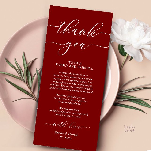 Rustic Wedding Dinner Place Setting Thank You Card (Rustic Wedding Dinner Place Setting Thank You Card Reception in Burgundy Wine Red)