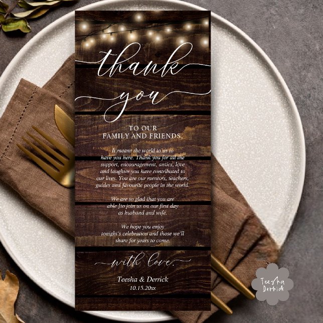 Rustic Wedding Dinner Place Setting Thank You Card (Rustic Wedding Dinner Place Setting Thank You Card Reception in Cottage Brown Wood String Lights)