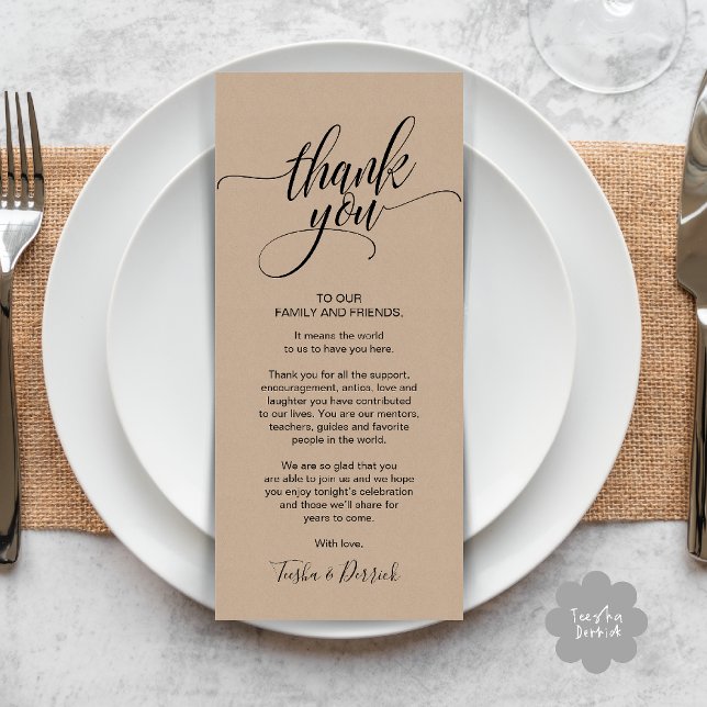 Rustic Wedding Dinner Thank you Place Setting Card (Rustic Wedding Dinner Thank you Place Setting Card in cottage brown kraft theme)