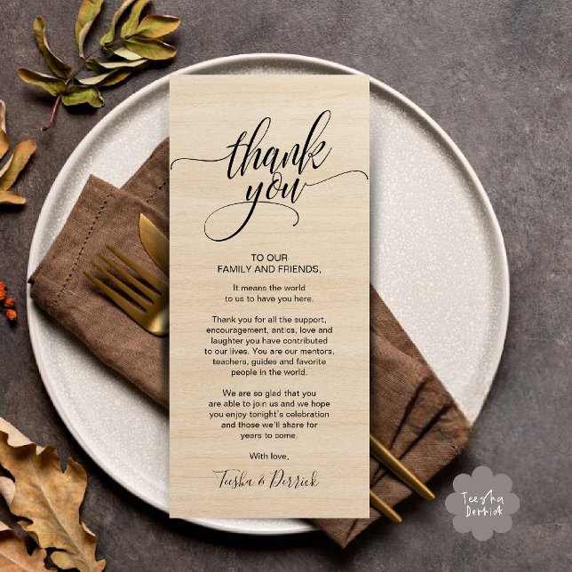 Rustic Wedding Dinner Thank you Place Setting Card (Rustic Wedding Dinner Thank you Place Setting Card in cottage brown wood theme)