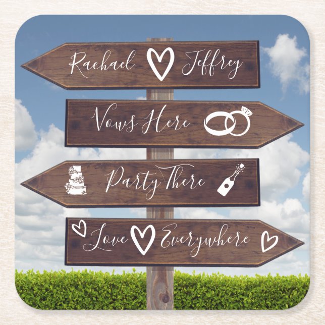 Rustic Wedding Directional Sign Square Paper Coaster (Front)