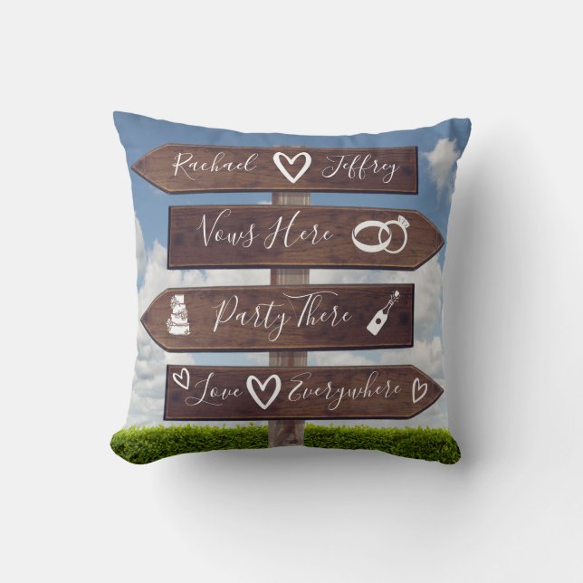 Rustic Wedding Directional Sign Throw Pillow (Front)