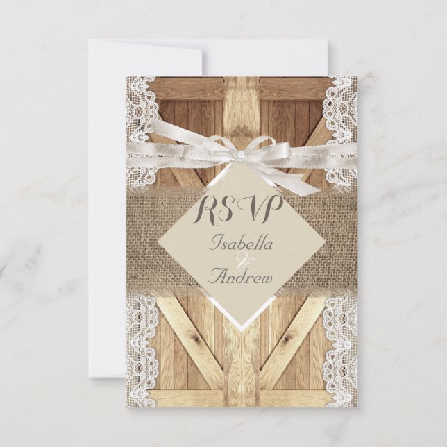 Rustic Wedding Door Beige White Lace Wood RSVP Card (Front)