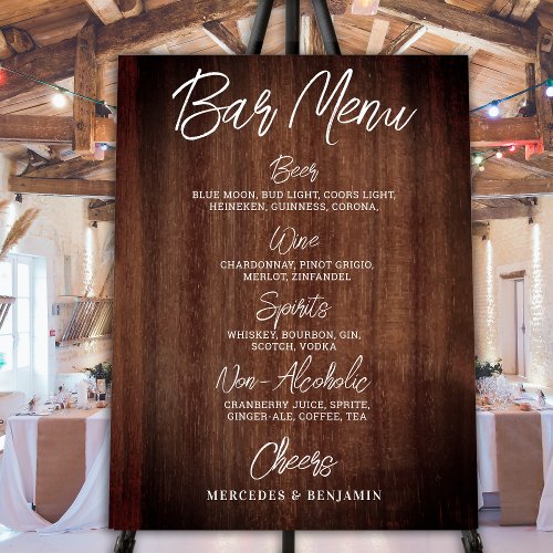 Rustic Wedding Drink Menu Personalized Bar Foam Board