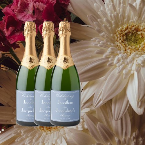 Rustic Wedding Dusty Blue Personalized Names Chic  Sparkling Wine Label