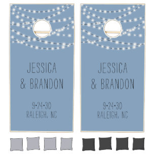 Rustic Wedding Dusty Blue String Lights Cornhole Set