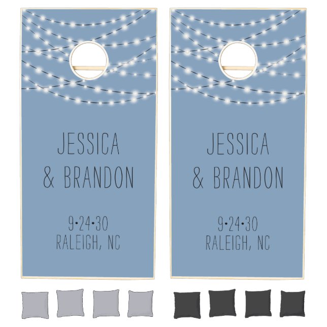 Rustic Wedding Dusty Blue String Lights Cornhole Set (Set)
