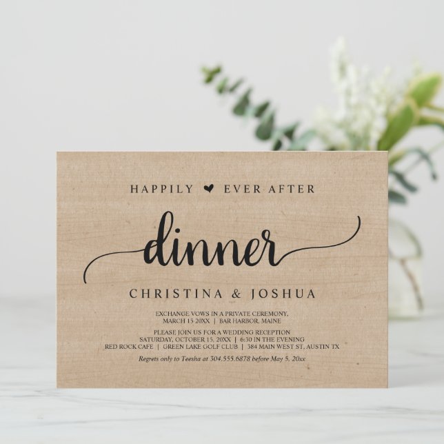 Rustic Wedding Elopement Happily Ever After Dinner Invitation (Standing Front)