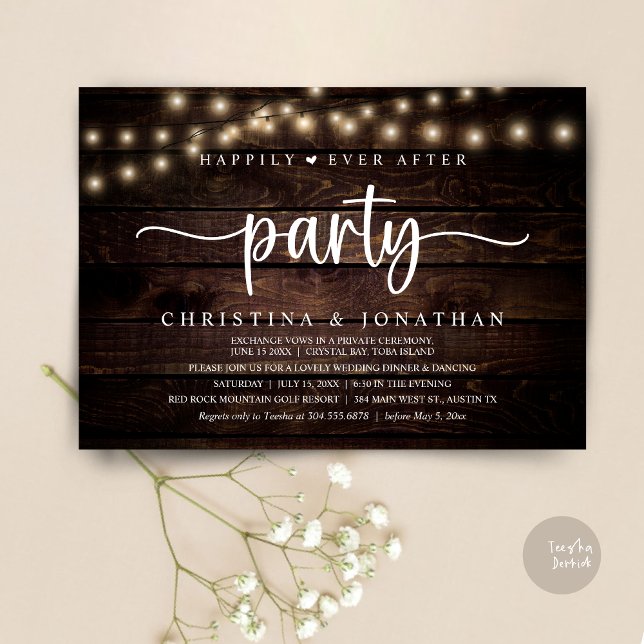 Rustic Wedding Elopement, Happily Ever After Party Invitation (Rustic Wedding Elopement, Happily Ever After Party Invitation card, pdf, in cottage dark wood)