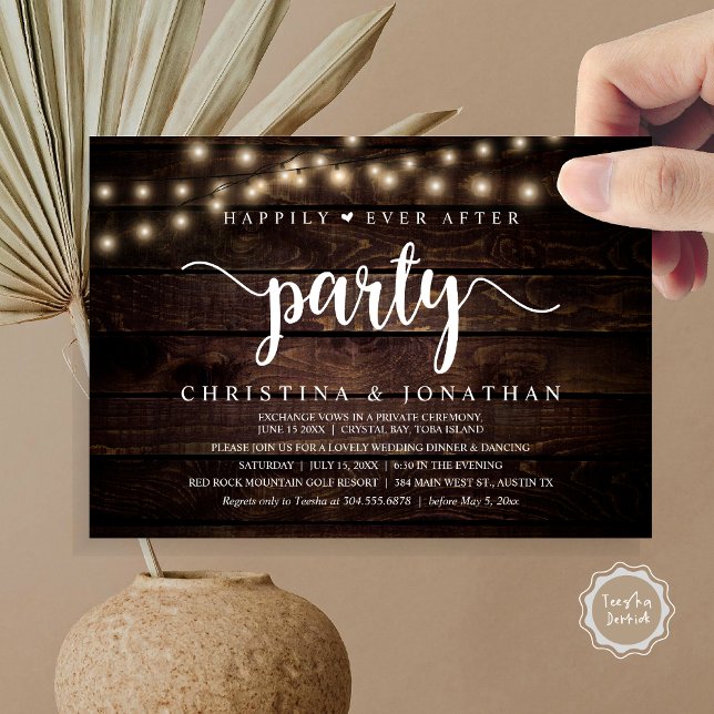Rustic Wedding Elopement, Happily Ever After Party Invitation (Rustic Wedding Elopement, Happily Ever After Party Invitation card, pdf, in cottage dark wood)