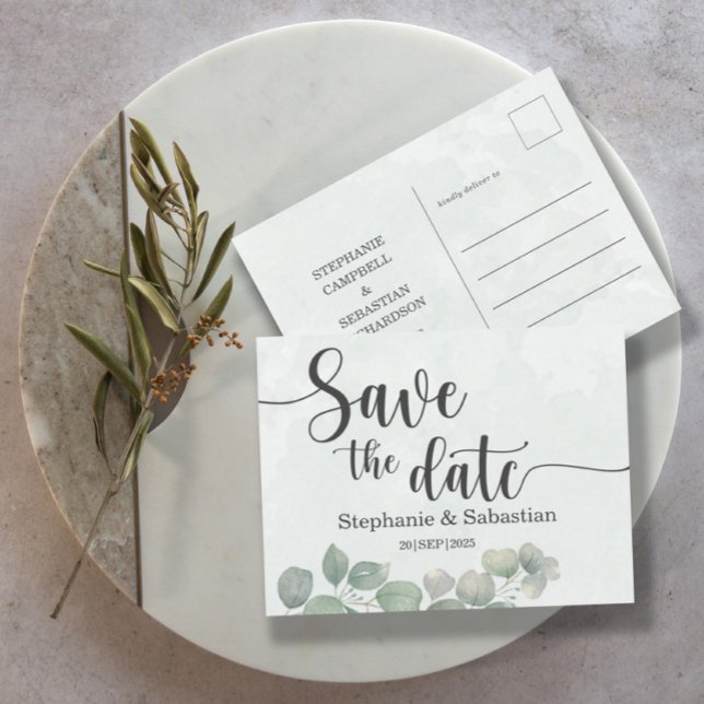 Rustic Wedding Eucalyptus Green SAVE THE DATE Postcard (Creator Uploaded)