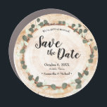 Rustic Wedding Eucalyptus Wood Cut Slice Custom Car Magnet<br><div class="desc">Create a memorable impression for your rustic wedding with our Rustic Wedding Eucalyptus Wood Cut Slice Custom Magnetic Invitations. These unique save-the-date cards feature a printed wood-cut slice design adorned with beautiful green eucalyptus leaves. Personalize the invitations by adding the names of the bride and groom, along with the wedding...</div>