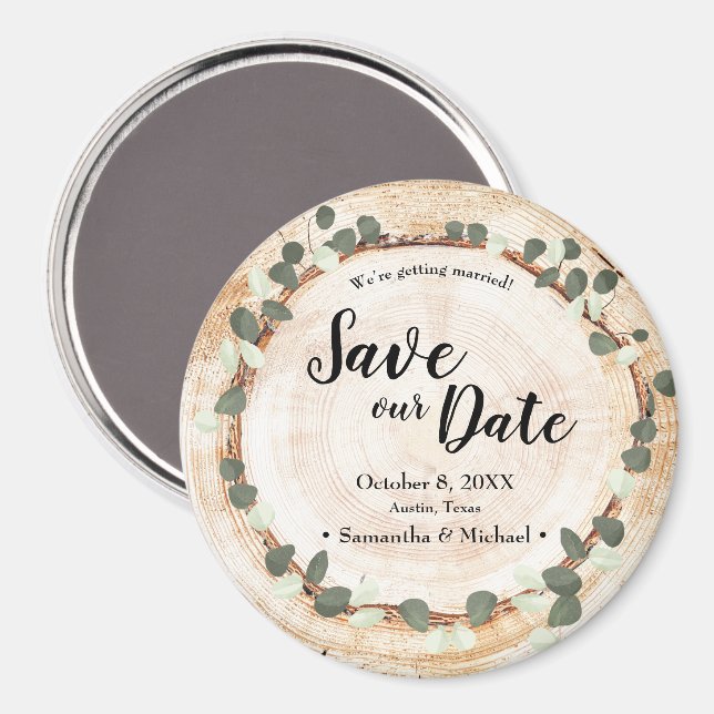Rustic Wedding Eucalyptus Wood Cut Slice Custom Magnet (Front/Back)