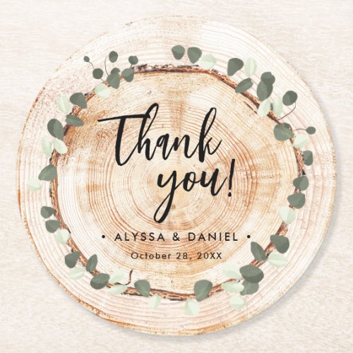 Rustic Wedding Eucalyptus Wood Grain Slice Custom Round Paper Coaster