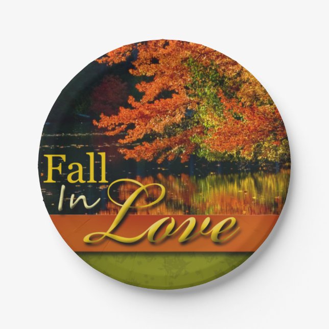 Rustic Wedding Fall In Love Autumn Scenic Photo Paper Plates (Front)