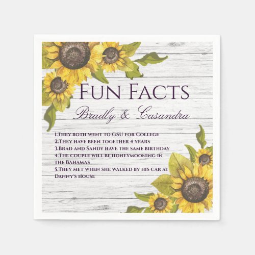 Rustic Wedding Fall Yellow Sunflower Fun Facts  Napkins