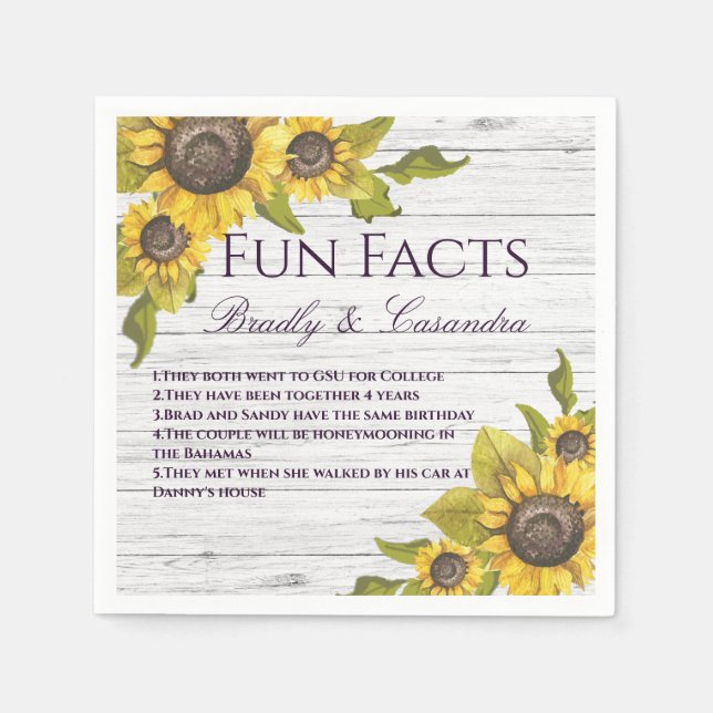Rustic Wedding Fall Yellow Sunflower Fun Facts  Napkins (Front)