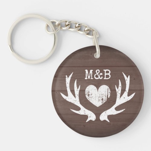Rustic wedding favor deer antler brown wood print keychain