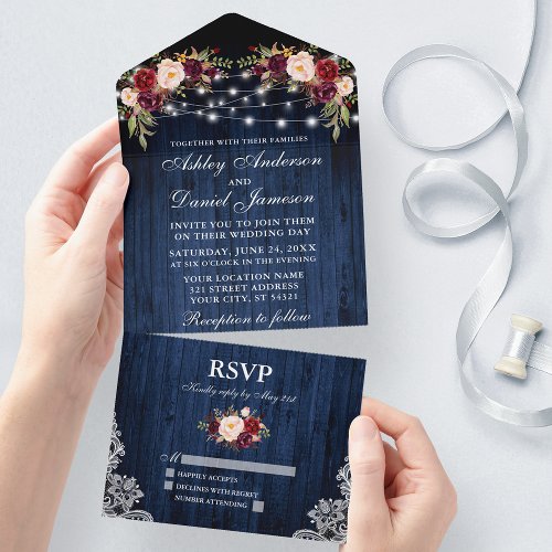 Rustic Wedding Floral Blue Wood Lace Lights All In One Invitation