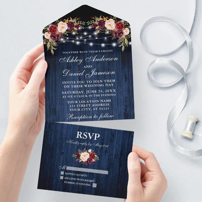Rustic Wedding Floral Blue Wood Lights All In One Invitation | Zazzle