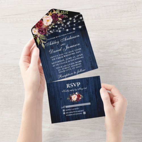 Rustic Wedding Floral Blue Wood Lights All In One Invitation