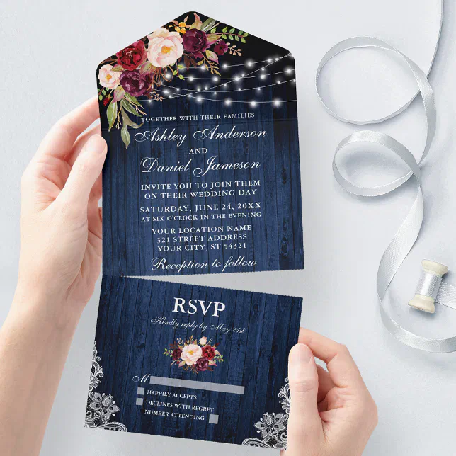 Rustic Wedding Floral Blue Wood Lights Lace All In One Invitation | Zazzle