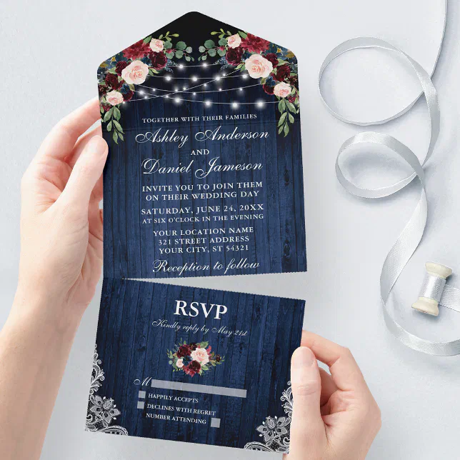 Rustic Wedding Floral Blue Wood Lights Lace All In One Invitation | Zazzle